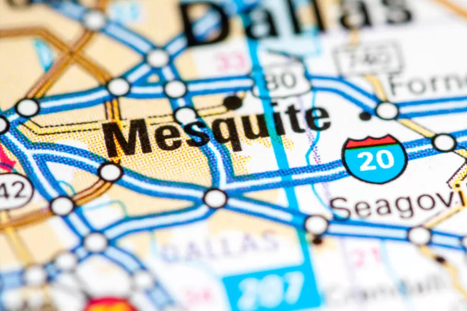 A map showing the city of mesquite with surrounding freeways, roads, and cities.